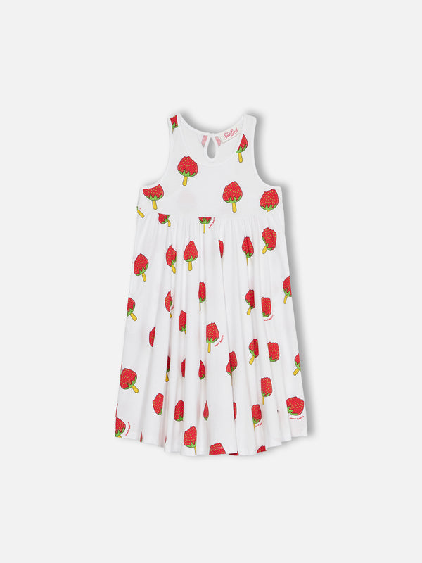 Girl cotton dress Masha with strawberry popsicle print