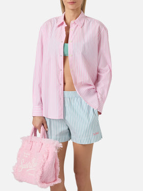 Camicia Meredith in cotone a righe rosa con ricamo Saint Barth
