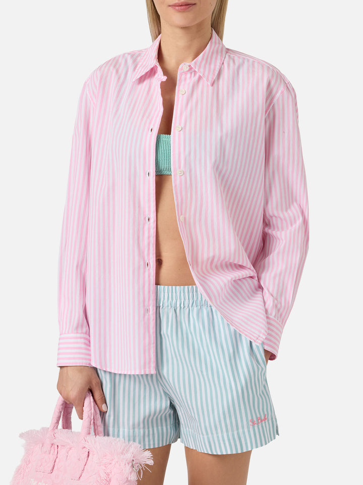 Meredith cotton shirt with pink stripes and Saint Barth embroidery