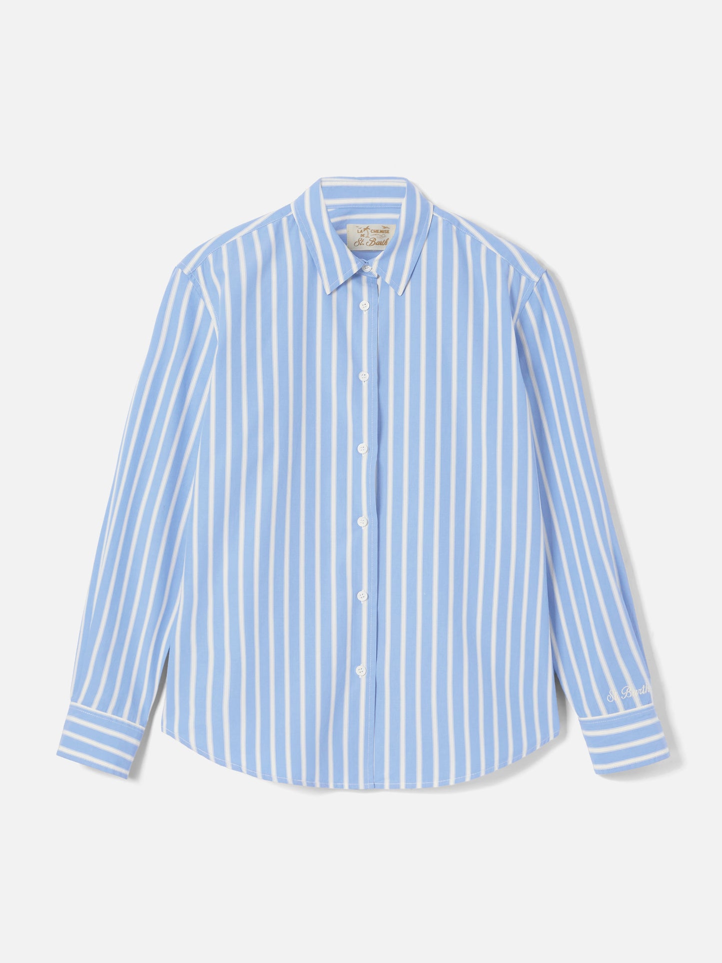Meredith cotton shirt with light blue stripes and Saint Barth embroidery