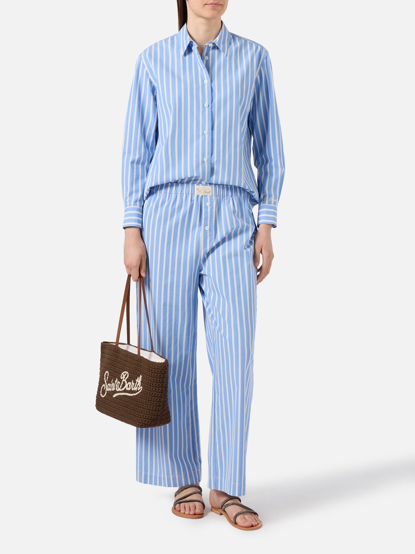 Meredith cotton shirt with light blue stripes and Saint Barth embroidery