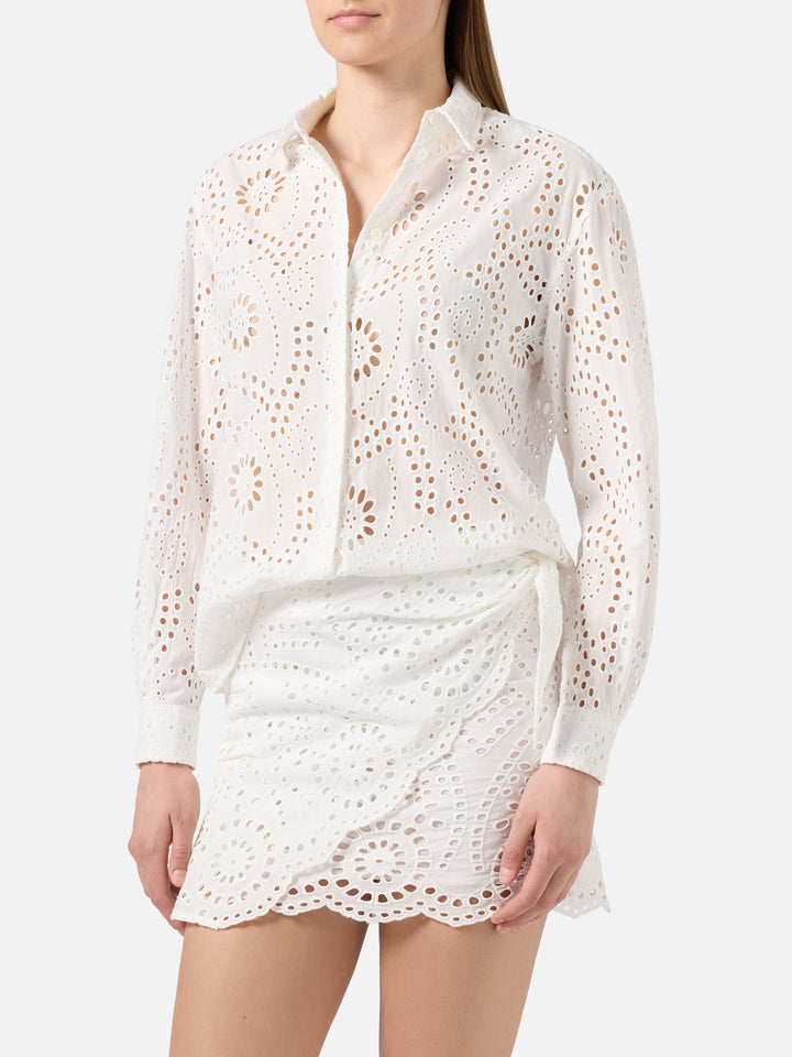 Camicia Meredith in cotone sangallo bianco con motivo floreale