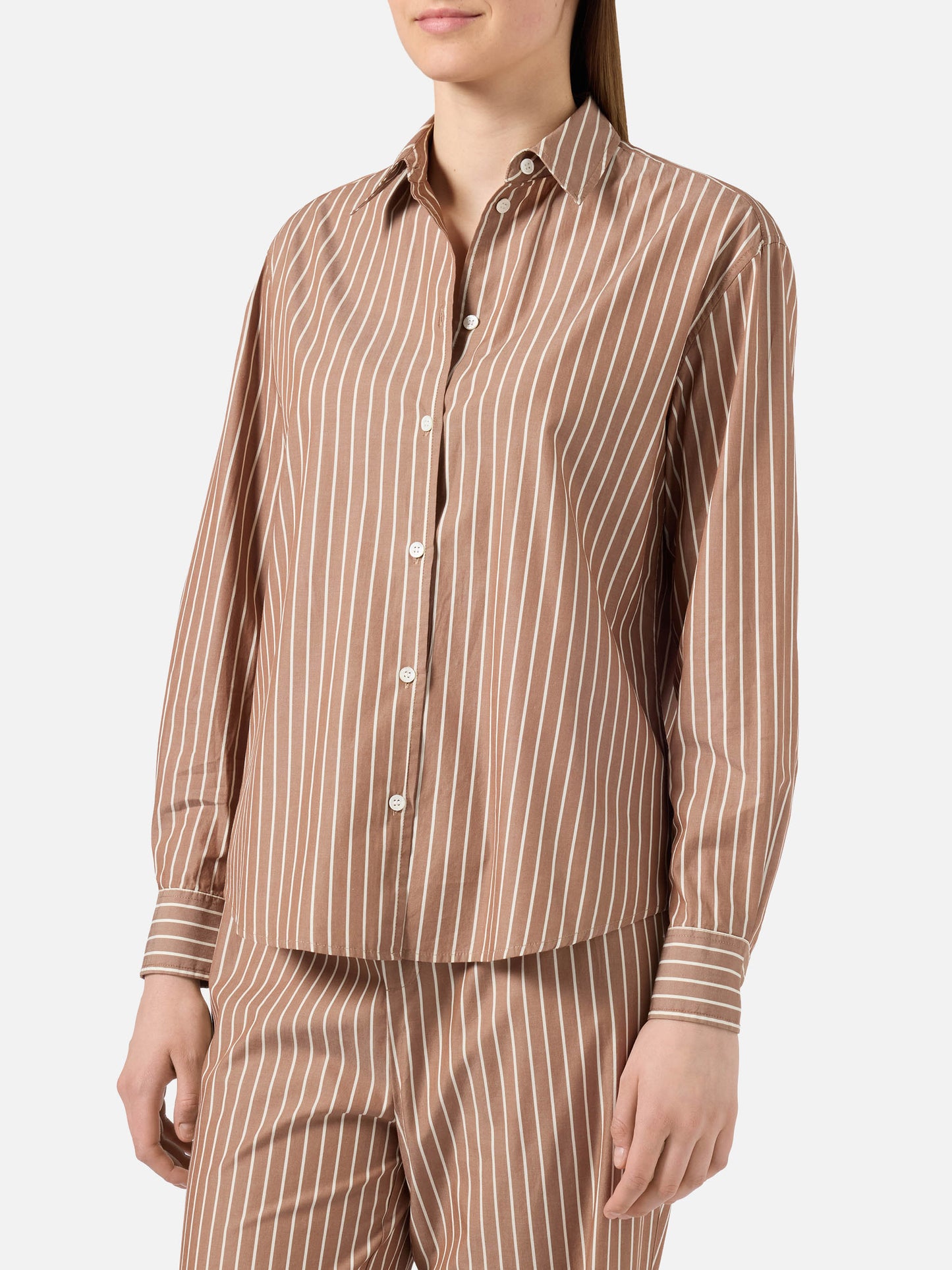 Camicia Meredith in cotone a righe marroni con ricamo Saint Barth
