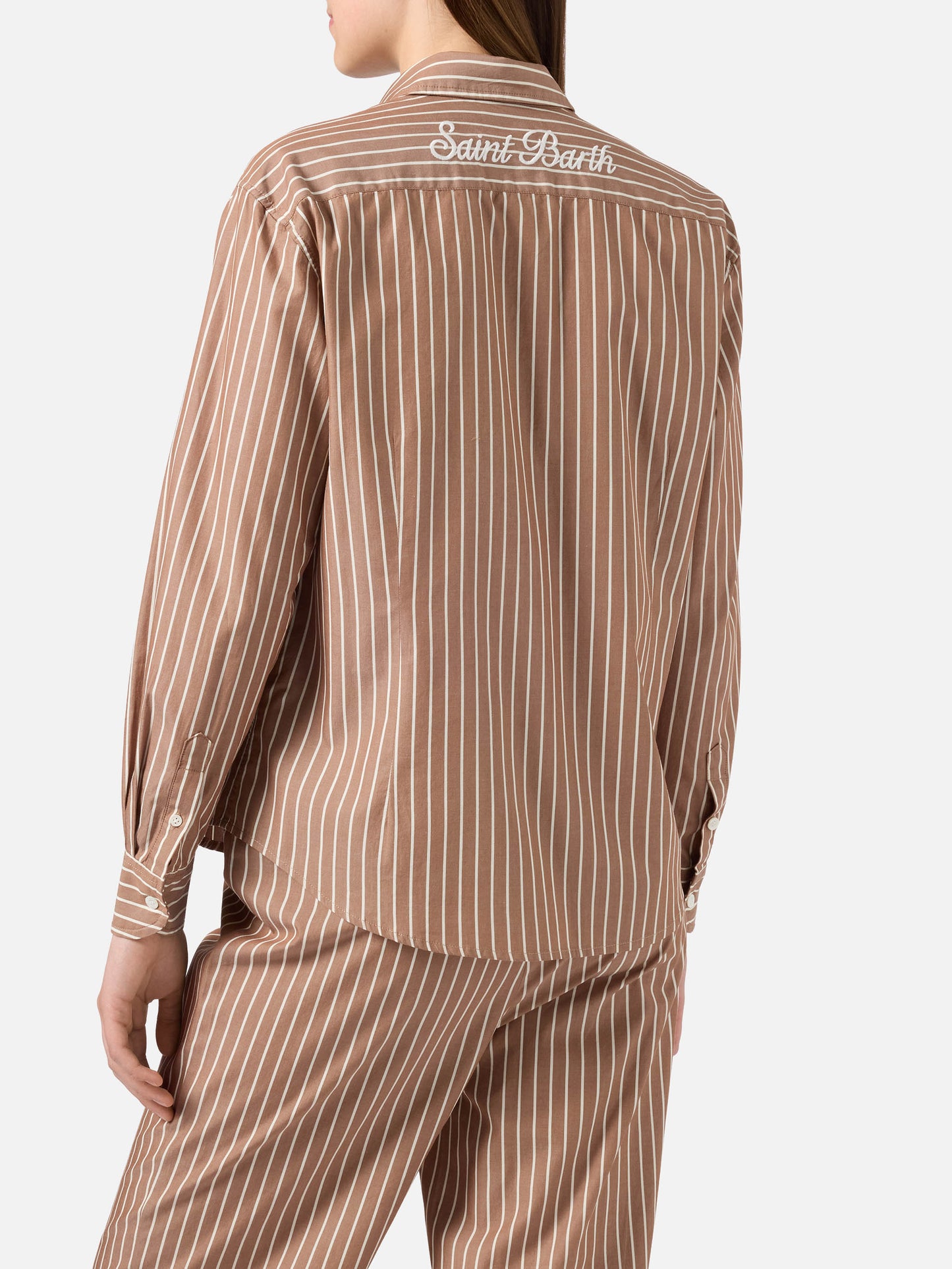 Camicia Meredith in cotone a righe marroni con ricamo Saint Barth