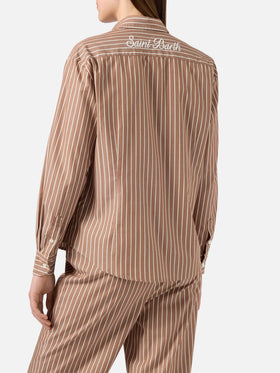 Camicia Meredith in cotone a righe marroni con ricamo Saint Barth