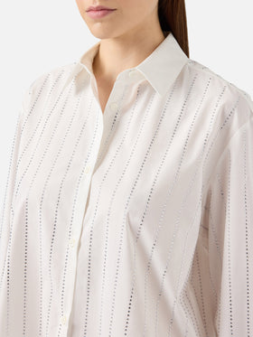 Camicia classica in popeline di cotone Meredith con decorazione rigata in strass