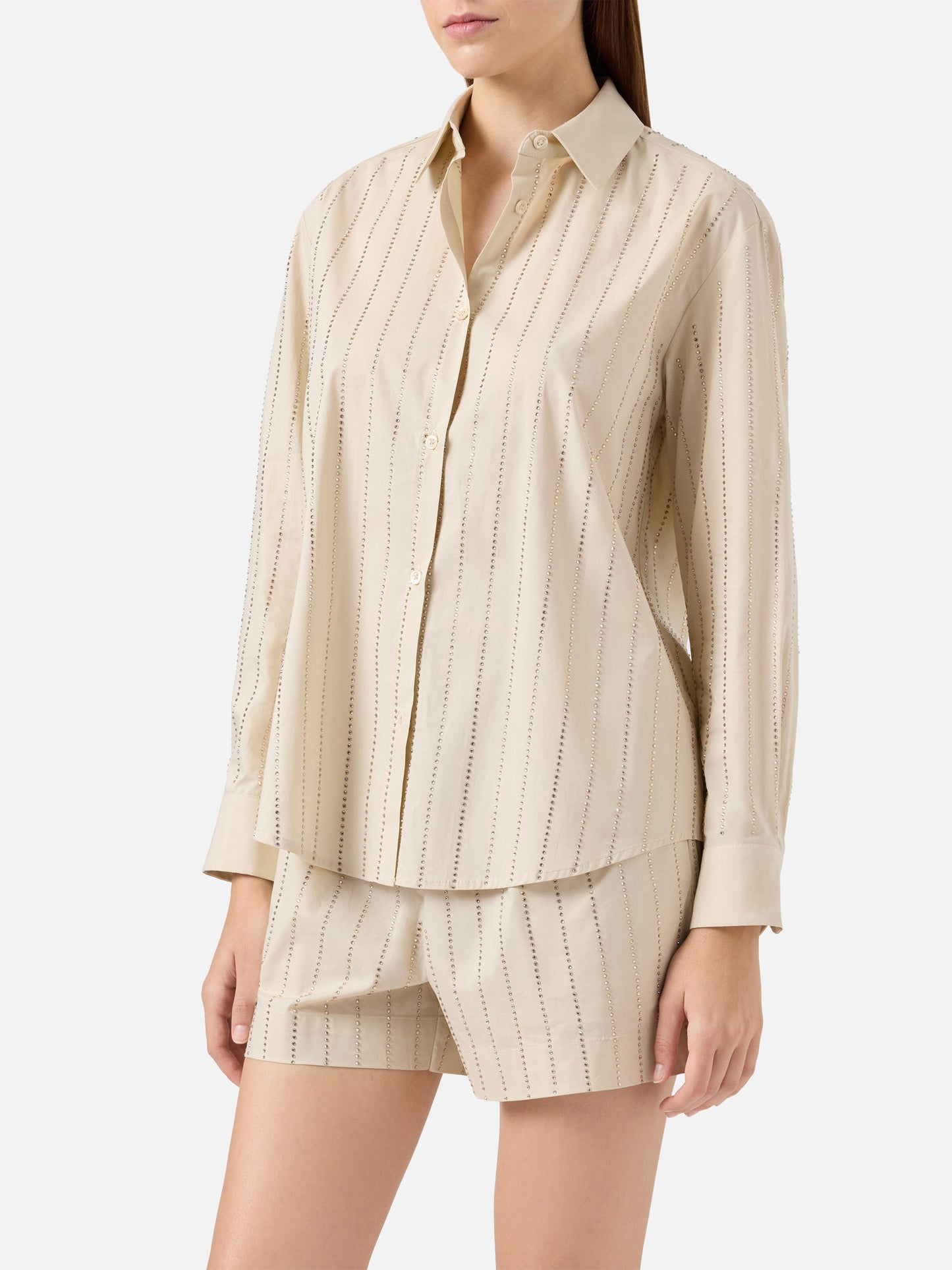 Meredith cotton popeline classic shirt with striped rhinestone embellishment