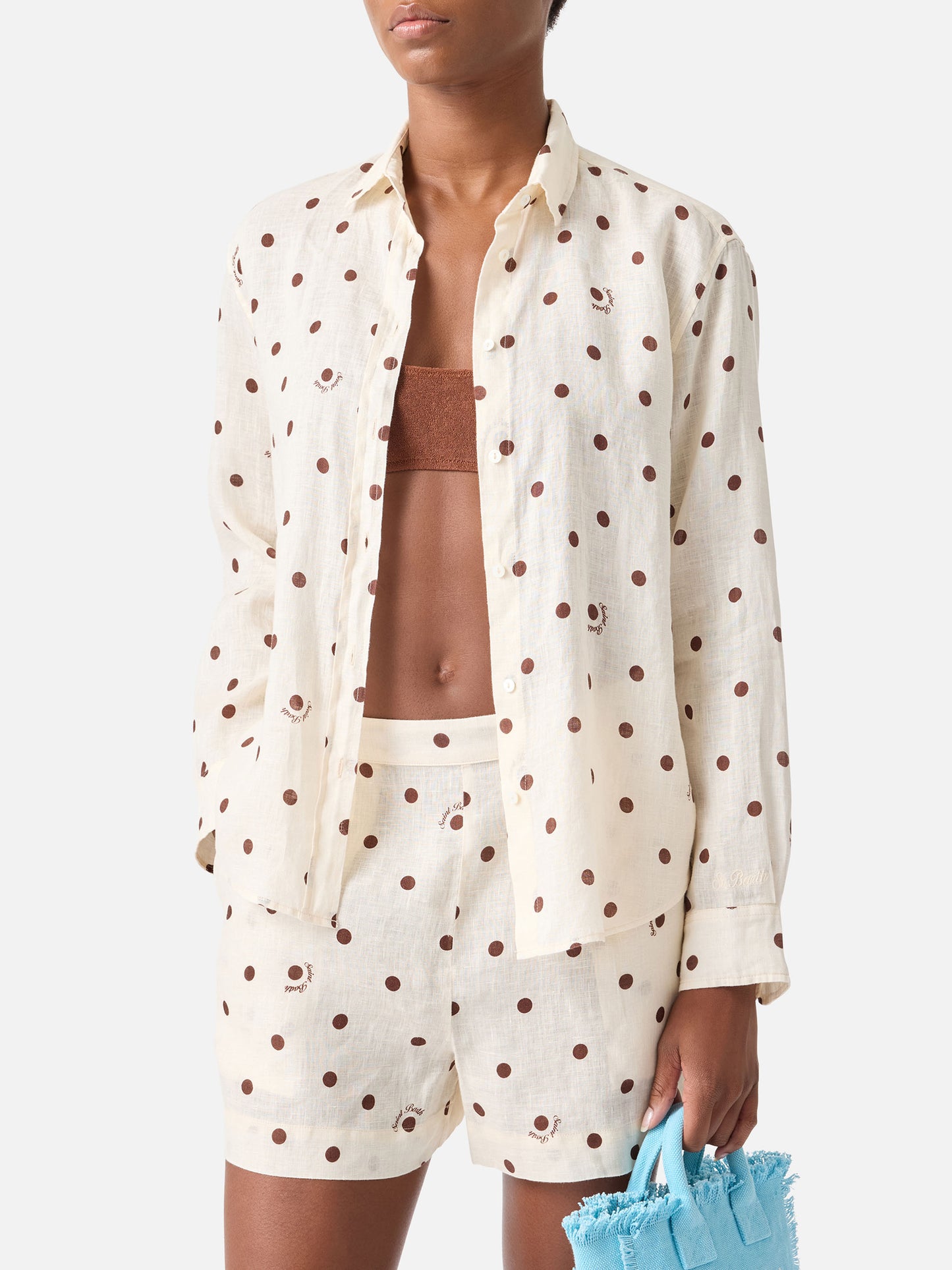 Camicia Meredith in lino a pois marroni con ricamo Saint Barth