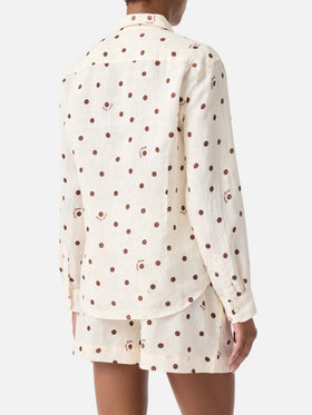 Camicia Meredith in lino a pois marroni con ricamo Saint Barth