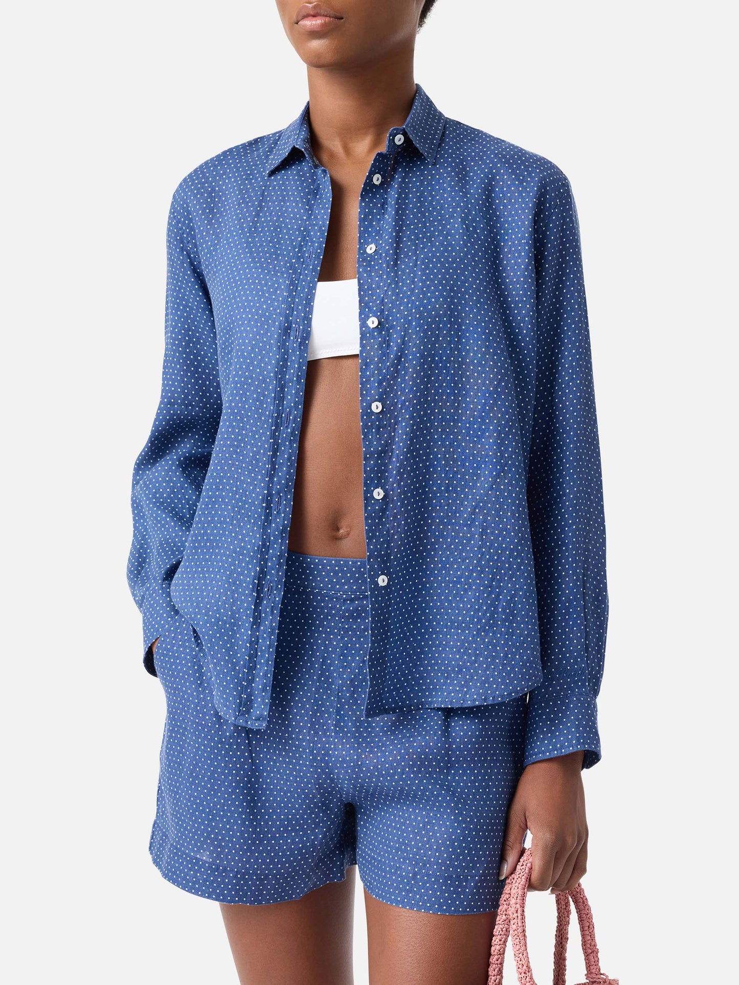 Camicia Meredith in lino blu a pois con ricamo Saint Barth