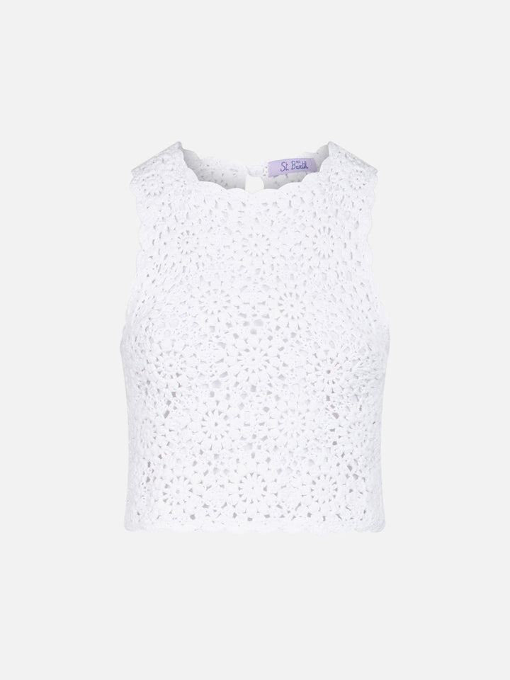 Top Medison in crochet bianco con fiori