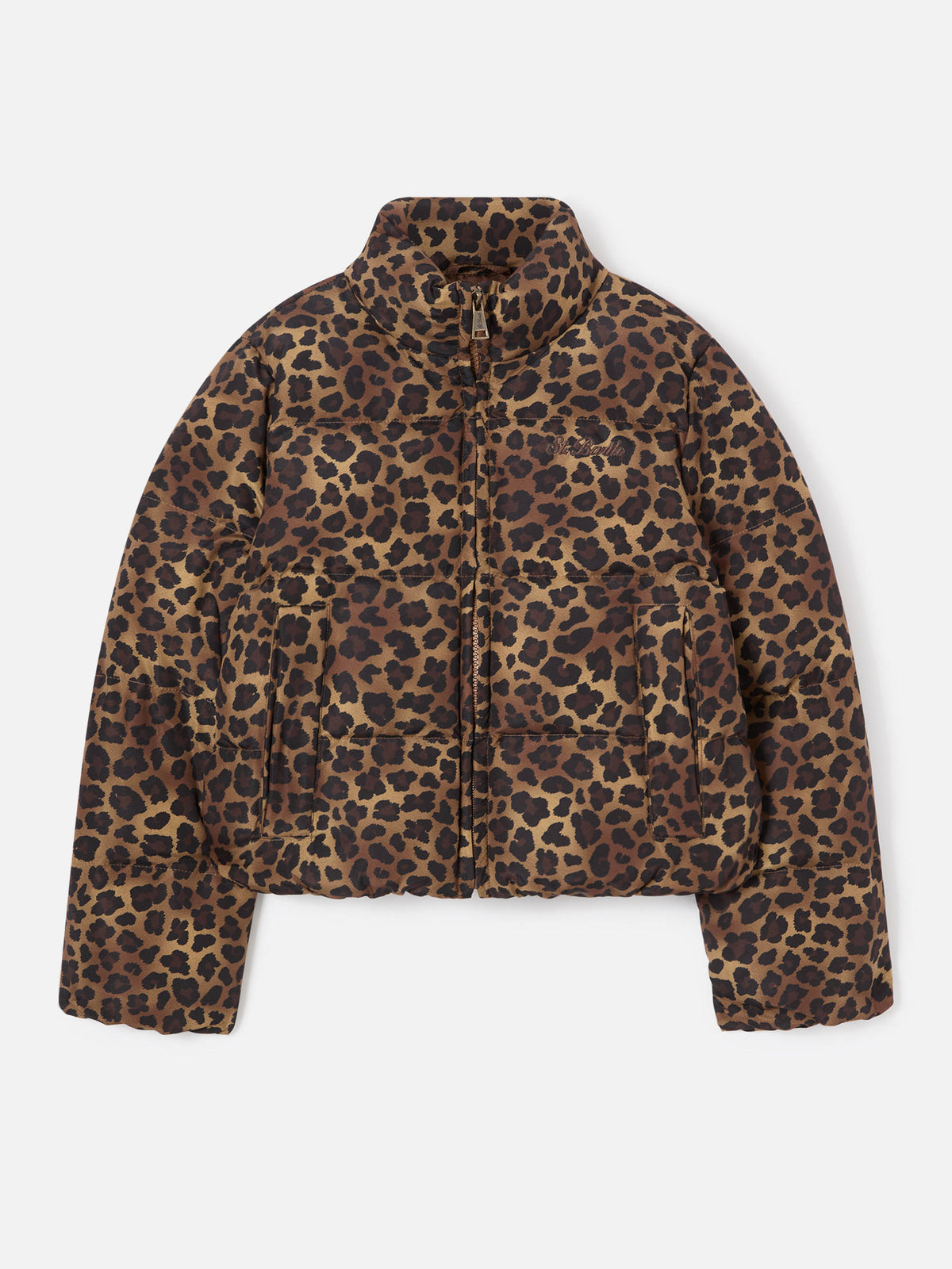 Braune Maddy Teddy-Daunenjacke mit Leopardenmuster 