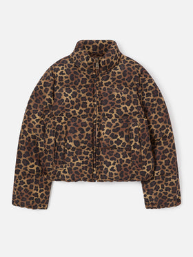 Braune Maddy Teddy-Daunenjacke mit Leopardenmuster 