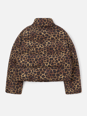 Braune Maddy Teddy-Daunenjacke mit Leopardenmuster 