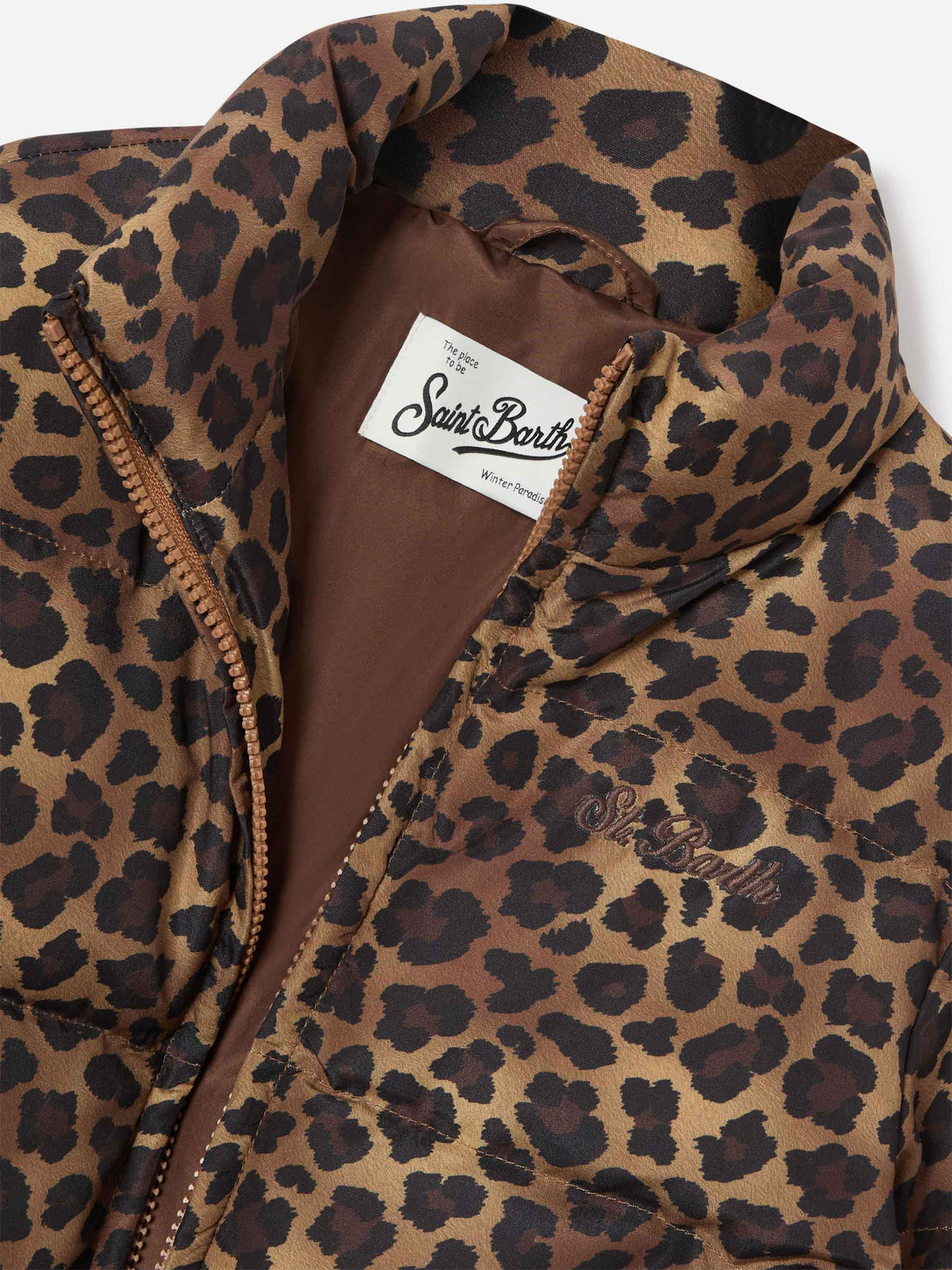 Braune Maddy Teddy-Daunenjacke mit Leopardenmuster 