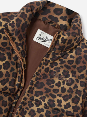 Braune Maddy Teddy-Daunenjacke mit Leopardenmuster 