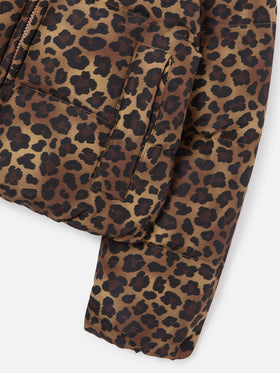 Braune Maddy Teddy-Daunenjacke mit Leopardenmuster 