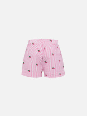 Meave Jr cotton seersucker pull-up shorts with srtrawberry embroidery - MC2 Saint Barth