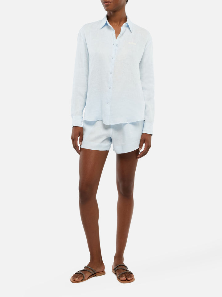 Meave shorts pull up in lino color azzurro chiaro