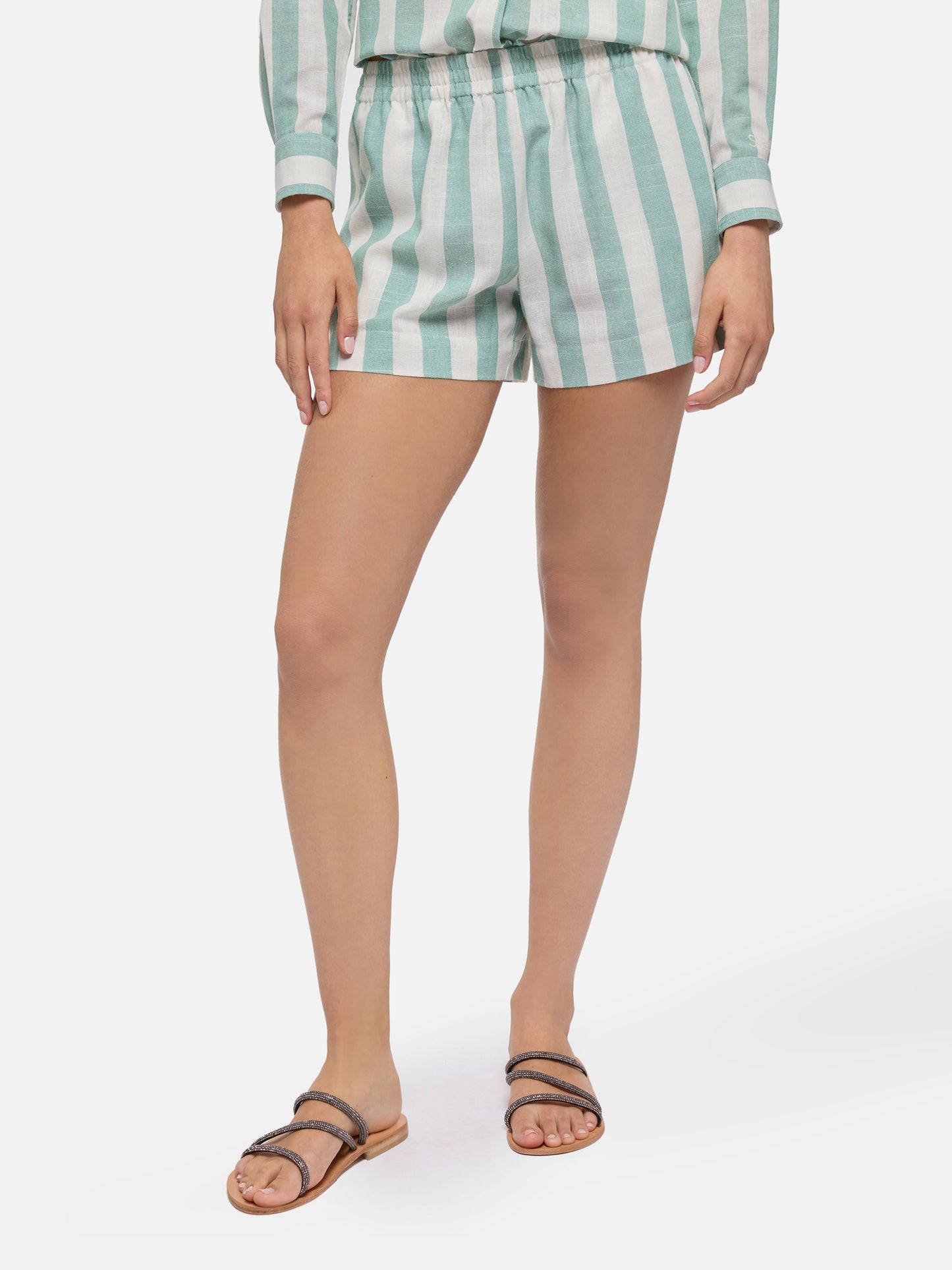 Meave linen pull up shorts with sage green striped print - MC2 Saint Barth