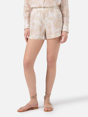 Shorts Meave in ramie con stampa toile de jouy beige