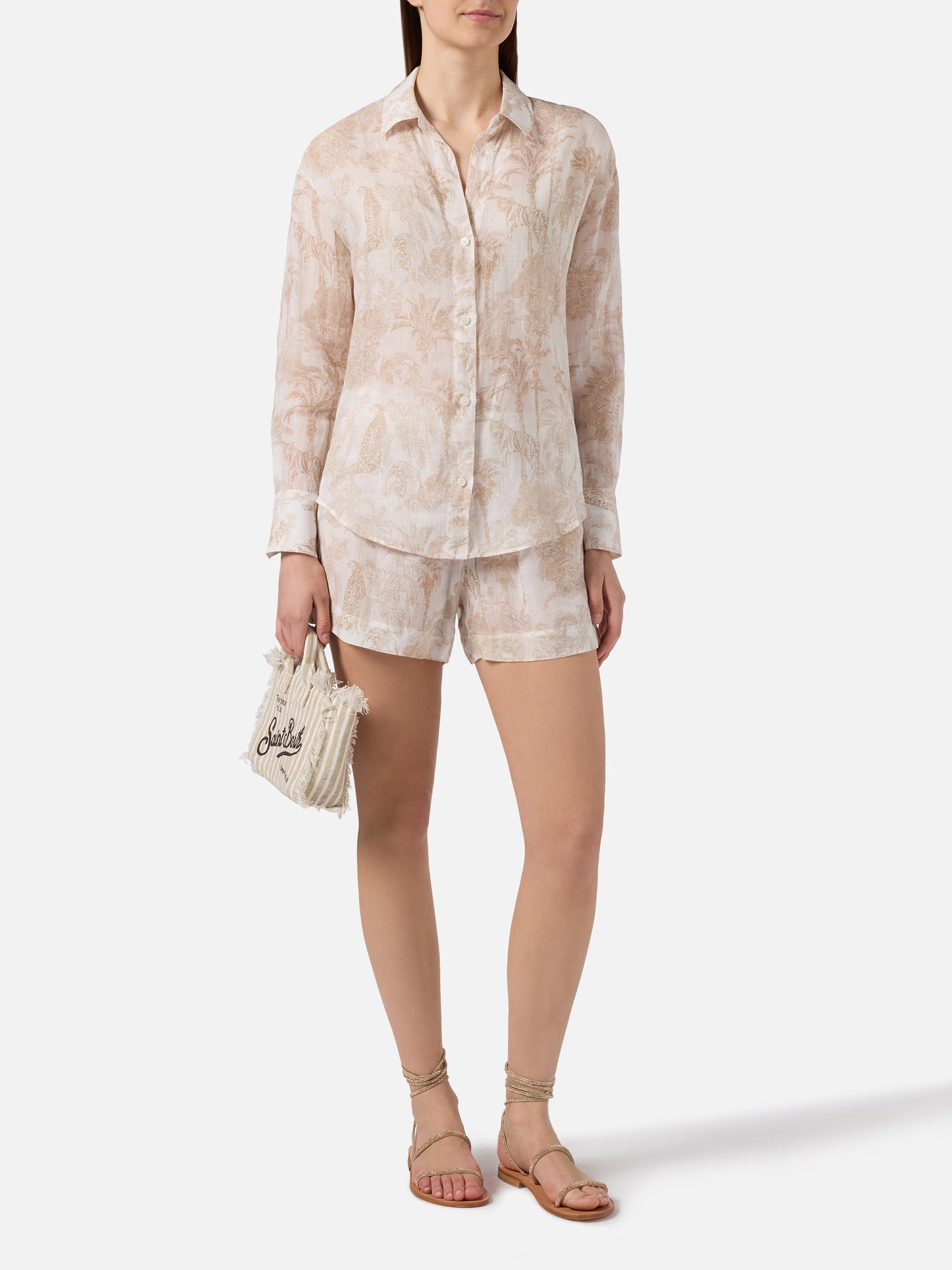 Shorts Meave in ramie con stampa toile de jouy beige
