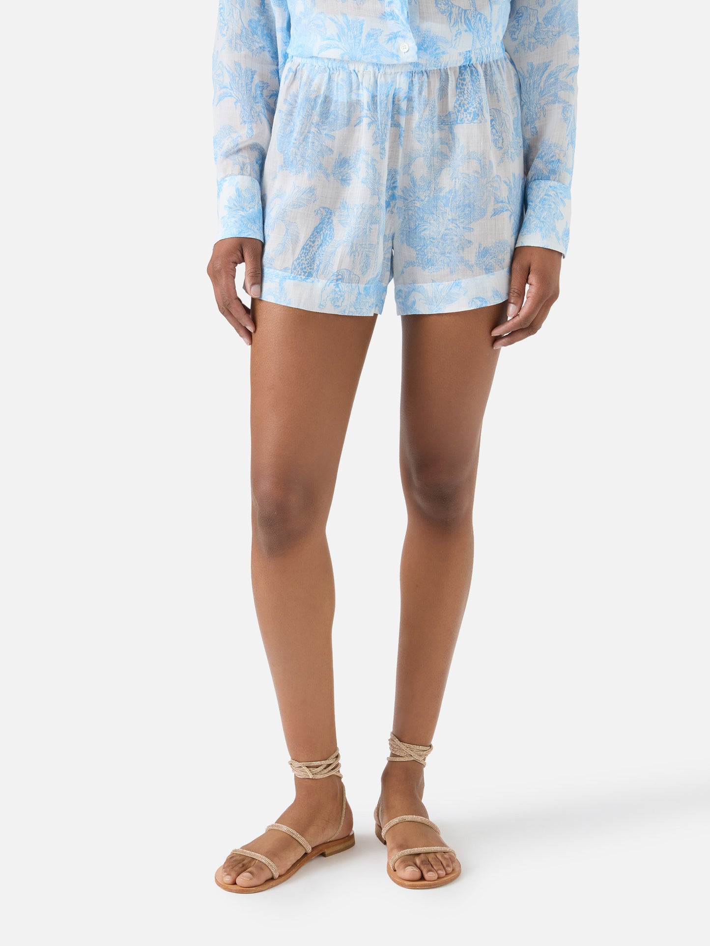 Shorts Meave in ramie con stampa toile de jouy azzurra