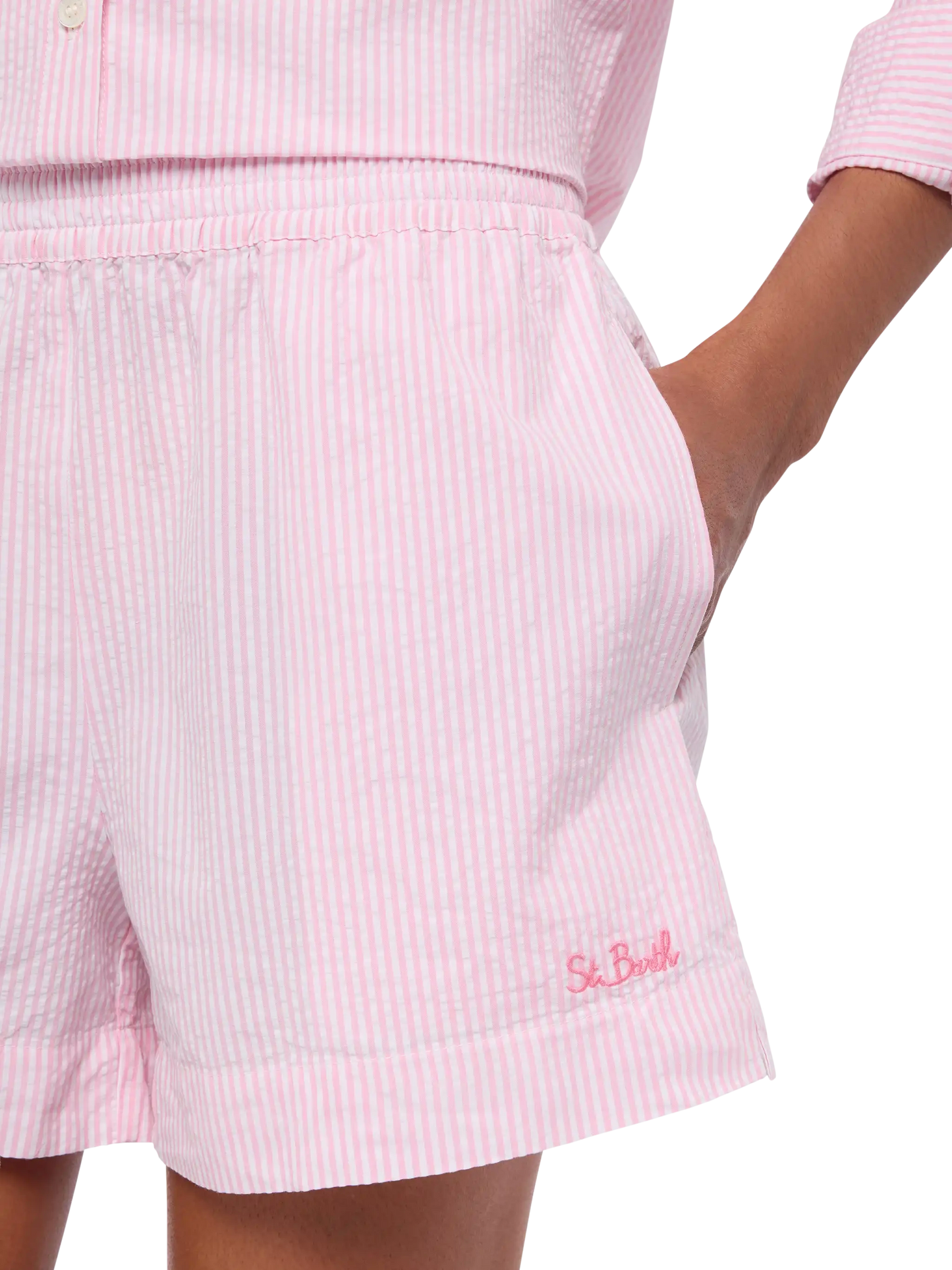 Meave seersucker cotton pull-up shorts with pink striped print - MC2 Saint Barth