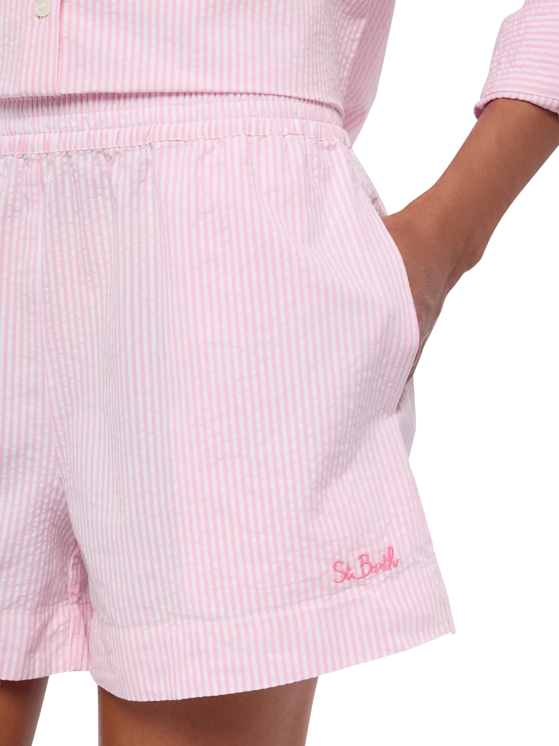 Meave seersucker cotton pull-up shorts with pink striped print - MC2 Saint Barth