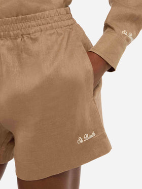 Meave – Pull-Up-Shorts aus kamelbraunem Leinen