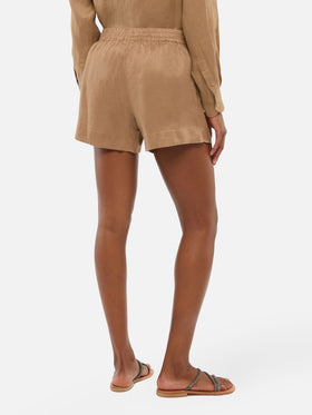 Meave – Pull-Up-Shorts aus kamelbraunem Leinen