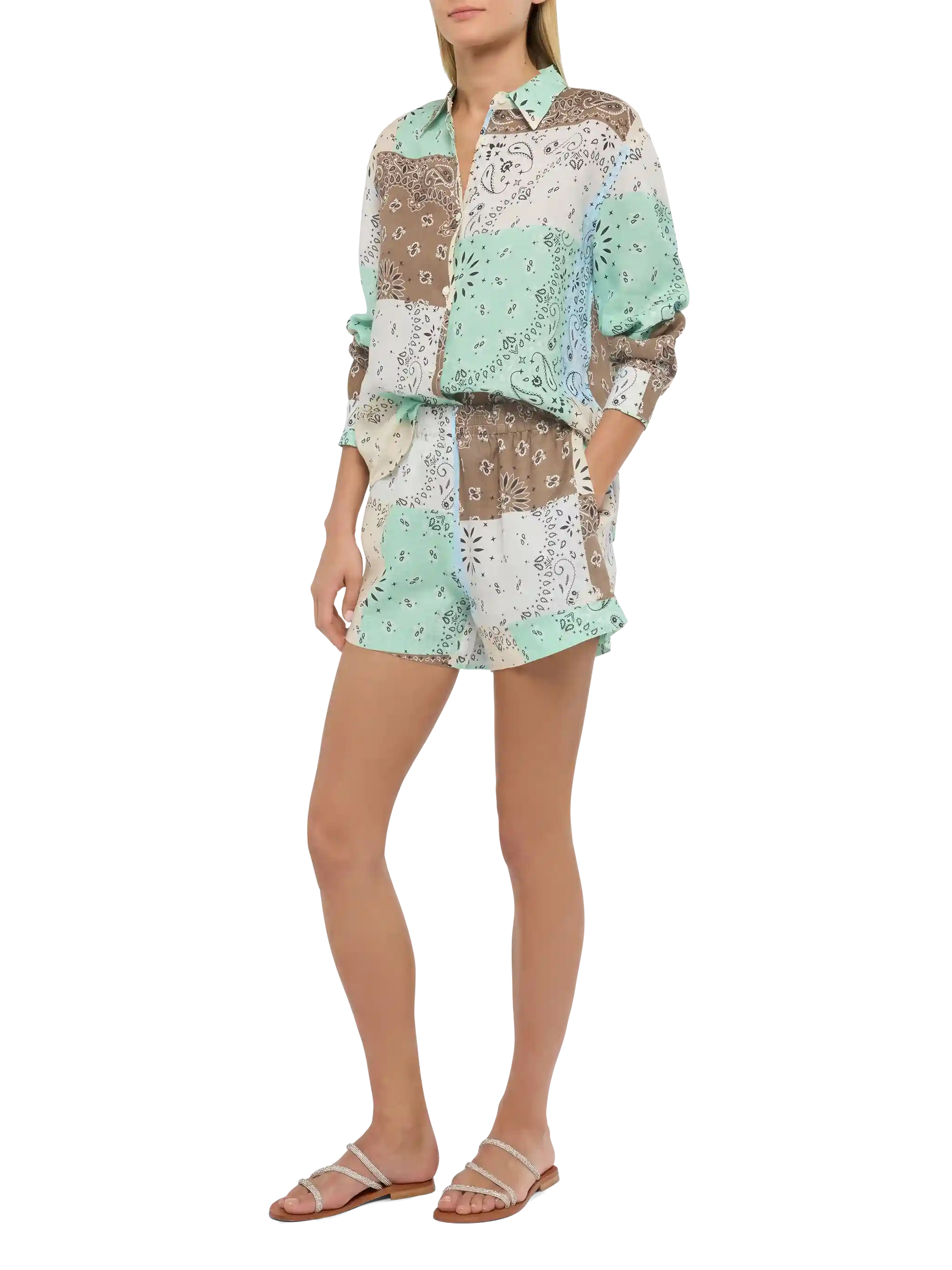 Meave linen pull up shorts with bandanna patch print - MC2 Saint Barth