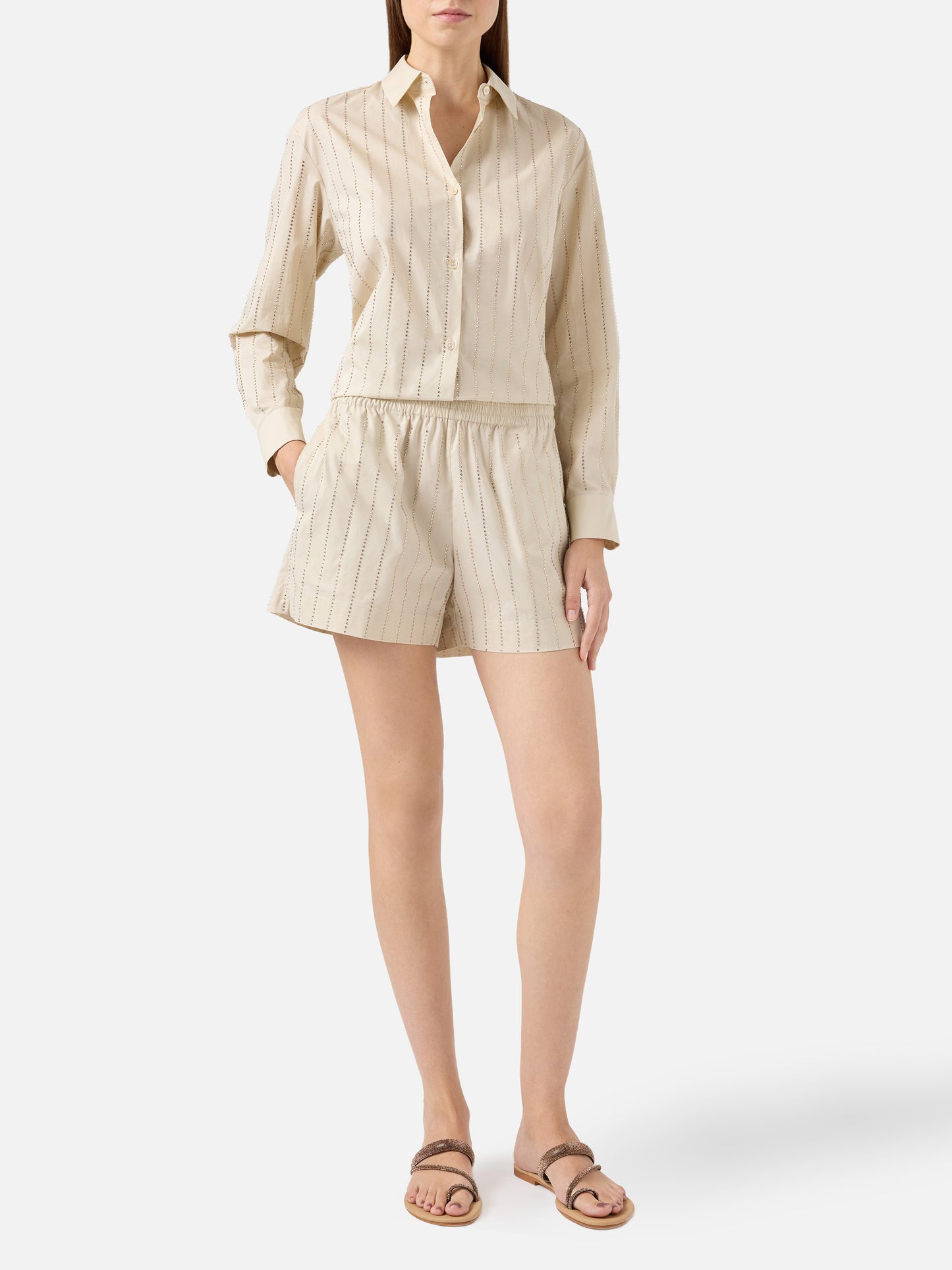 Meave shorts pull up in popeline di cotone con decorazione di strass a righe