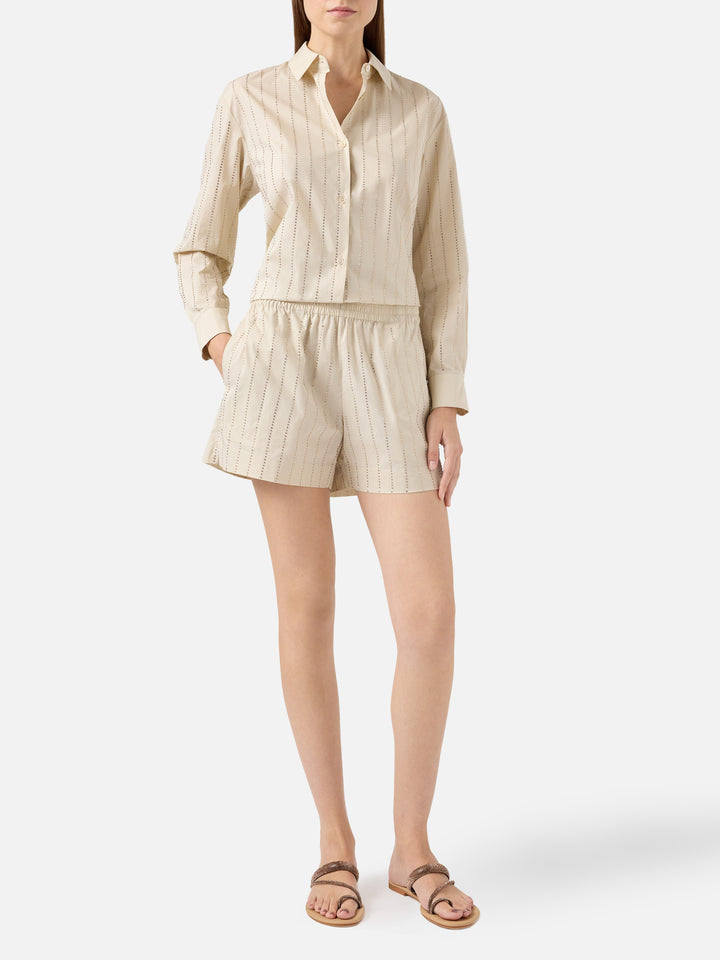 Meave shorts pull up in popeline di cotone con decorazione di strass a righe