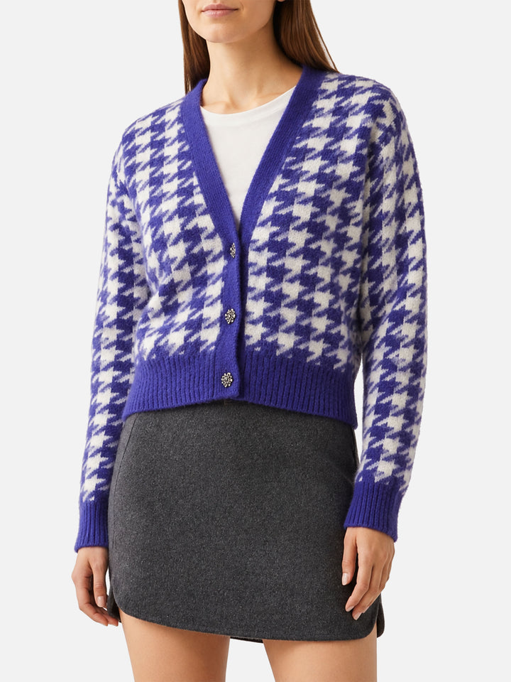 Cardigan Megeve cropped con fantasia pied de poule viola