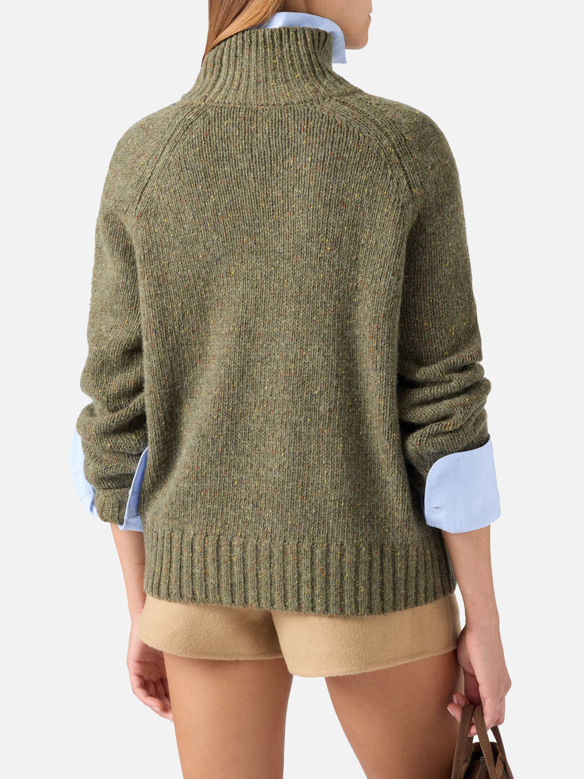 Maglia Meghan verde militare a collo alto in misto lana Donegal
