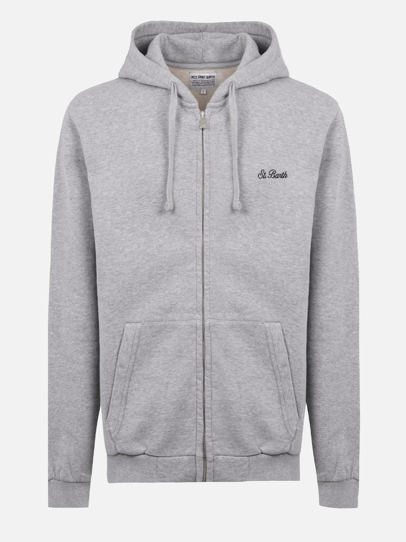 Man grey zipped and hooded sweatshirt with St. Barth embroidery