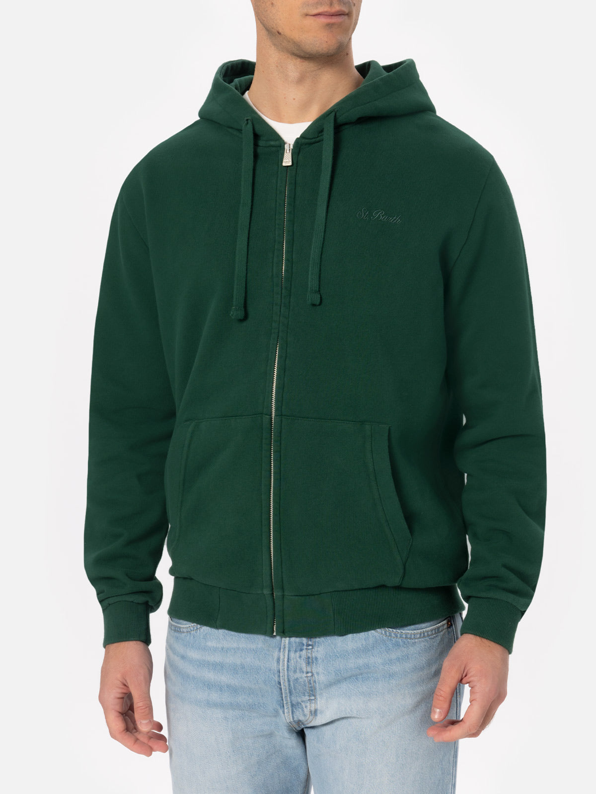Man British green zipped and hooded sweatshirt with St. Barth embroidery - MC2 Saint Barth