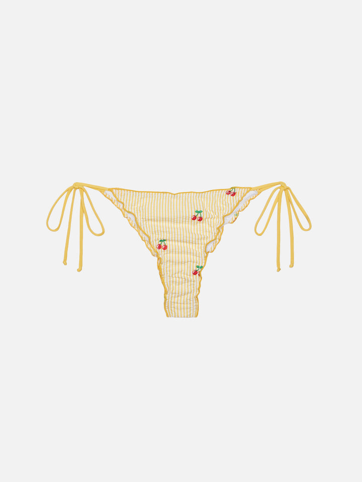 Miami – Cheeky-Badehose aus Seersucker mit Streifenmuster und Kirschstickerei