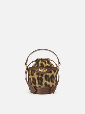 Borsa a secchiello Mila Tweed in misto lana tweed leopardato