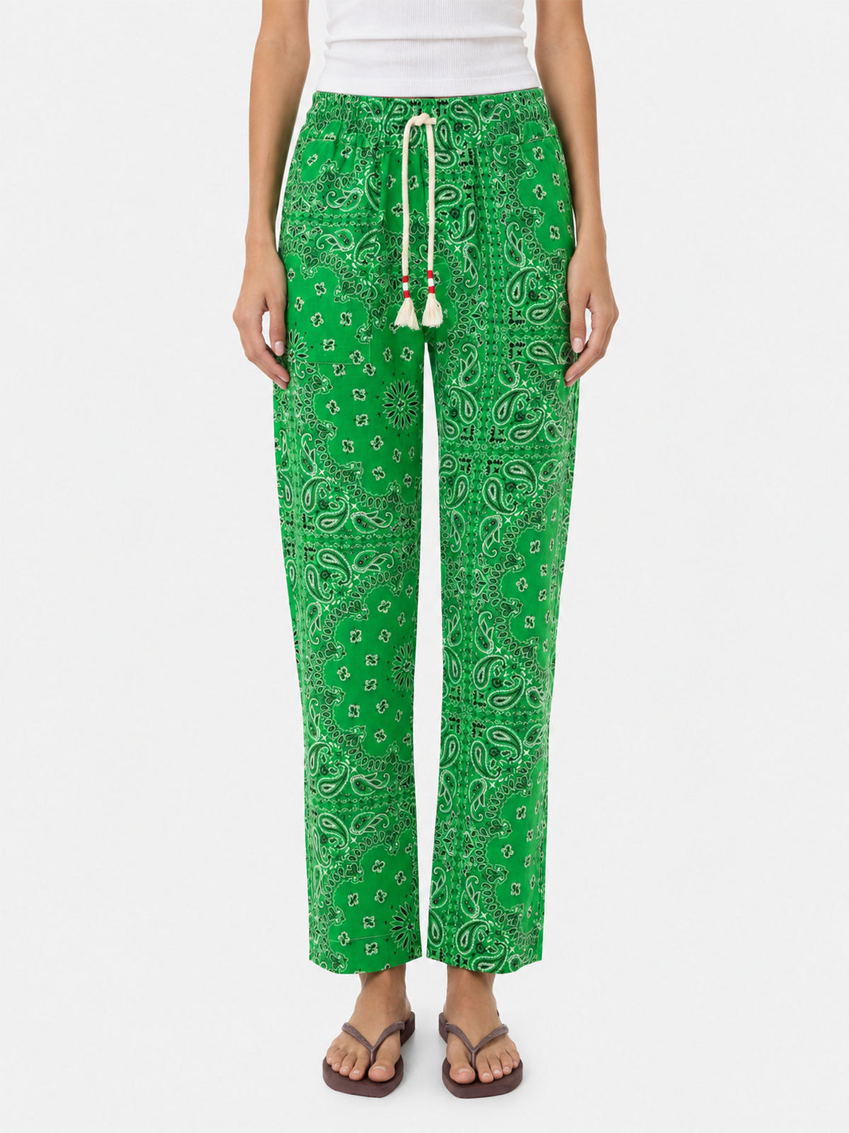 Pantalon femme en lin avec imprimé bandana vert 