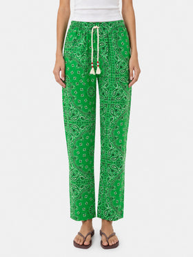 Pantalon femme en lin avec imprimé bandana vert 
