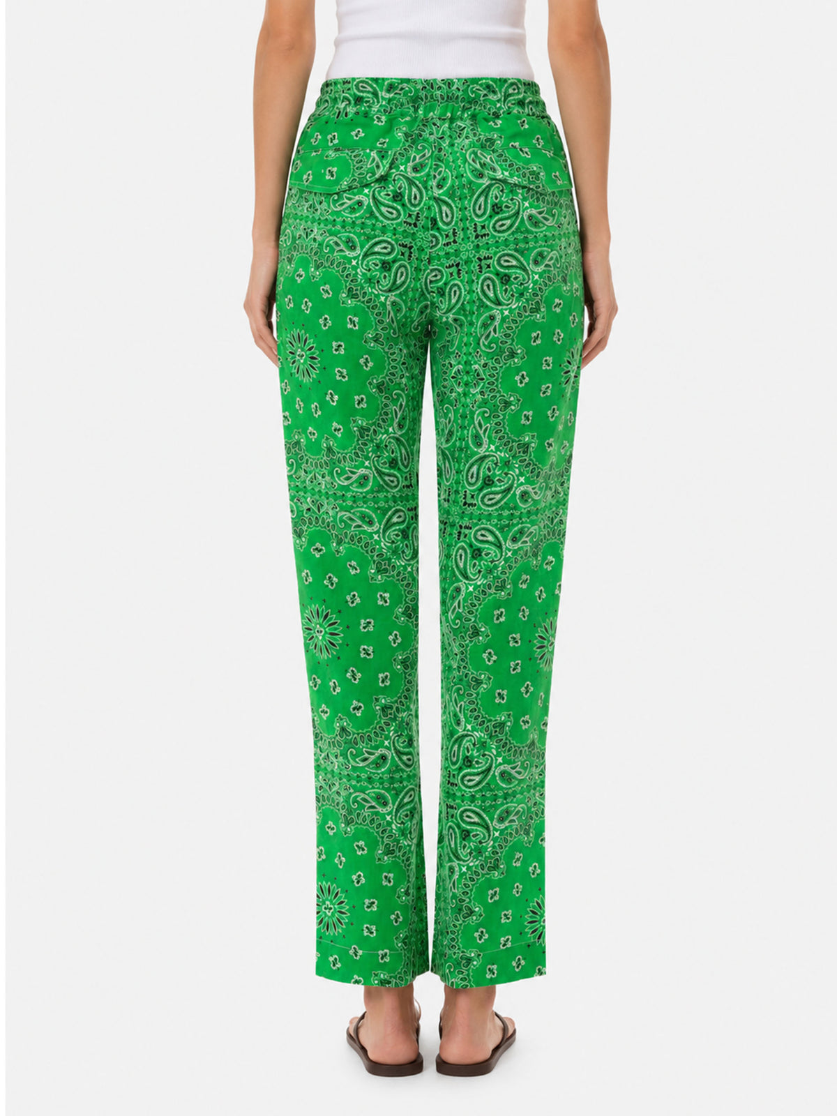 Pantalon femme en lin avec imprimé bandana vert 