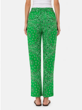 Pantalon femme en lin avec imprimé bandana vert 