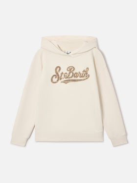 Sweat à capuche Mindy en mélange de coton coloris crème avec insert en tartan St. Barth 