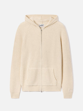 Beige Malcolm wool hooded knit with full zip
