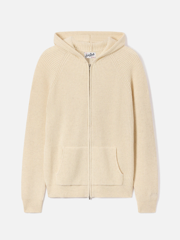 Maglia Malcolm grano in lana con cappuccio e zip intera