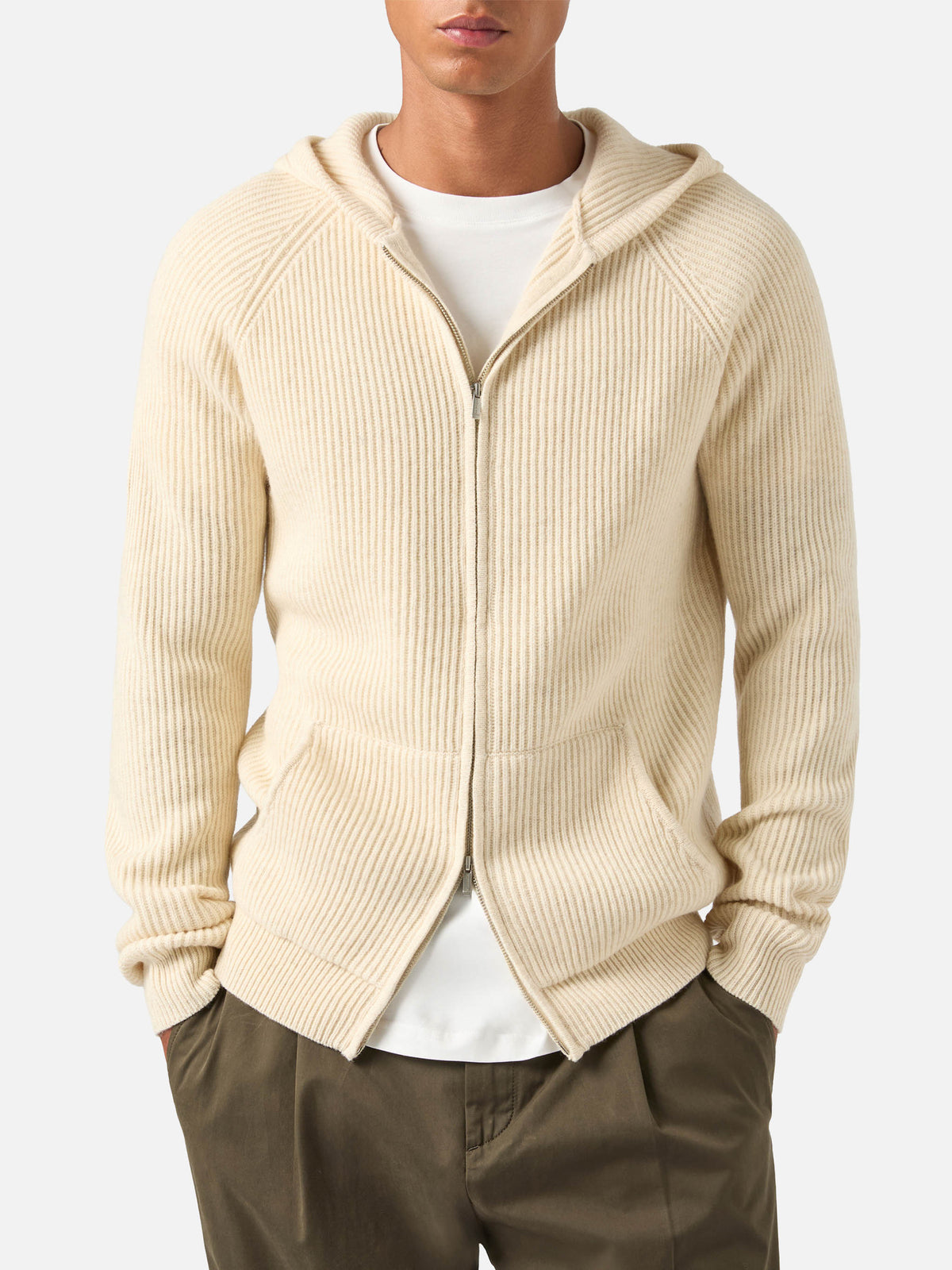Beige Malcolm wool hooded knit with full zip