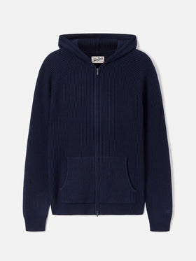 Navy blue Malcolm wool hooded knit with full zip