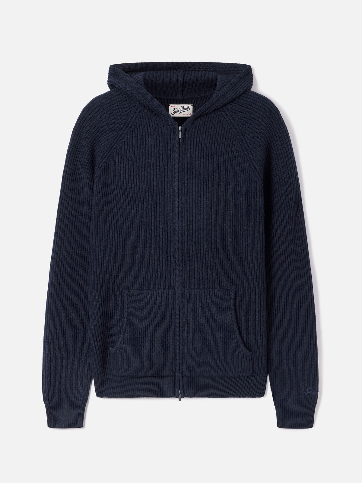 Maglia Malcolm blu notte in lana con cappuccio e zip intera